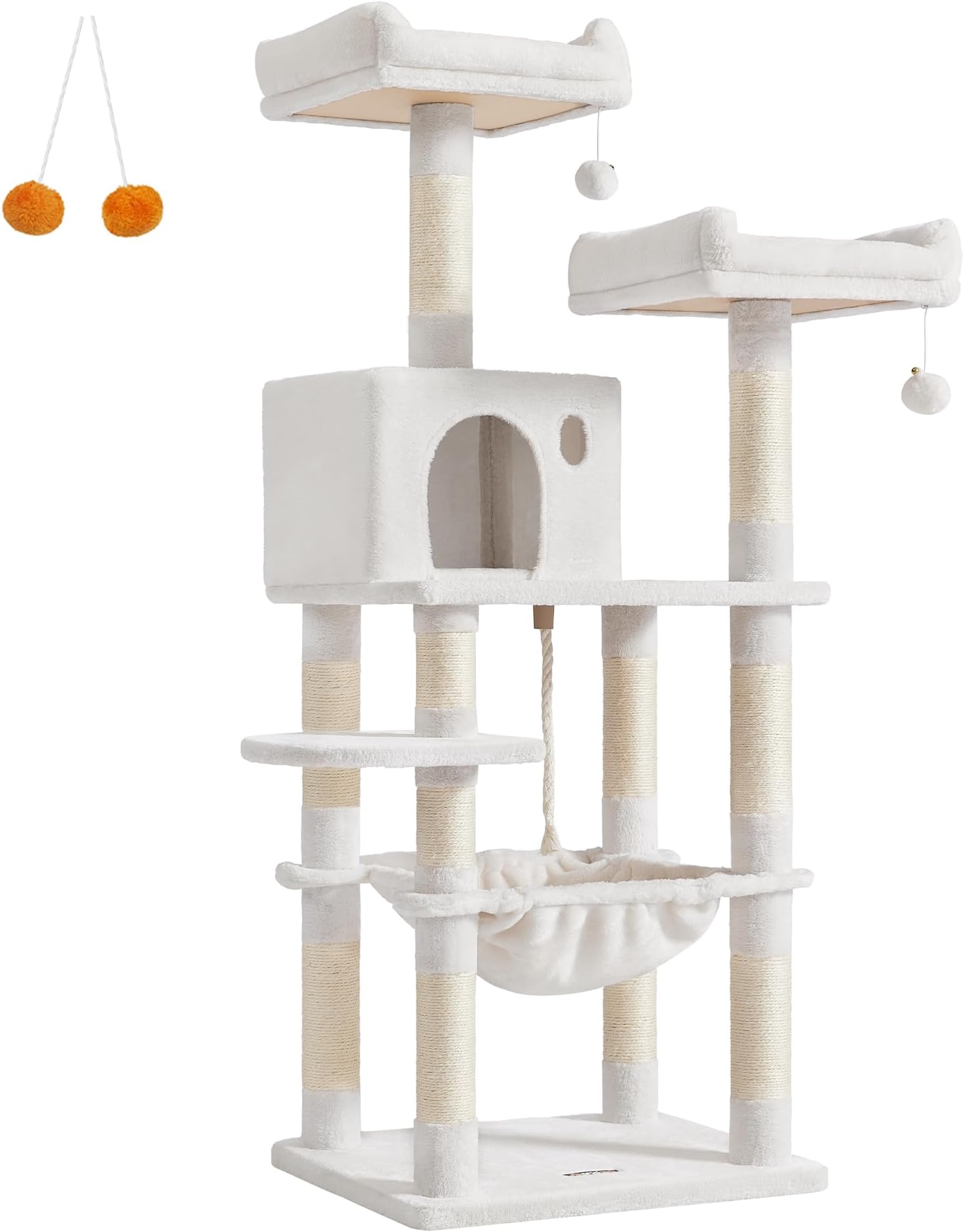 Feandrea Cat Tree, 56.3-Inch Cat Tower for Indoor Cats, Multi-Level Cat Condo with 11 Scratching Posts, 2 Perches, Cave, Hammock, Cream White UPCT015W02