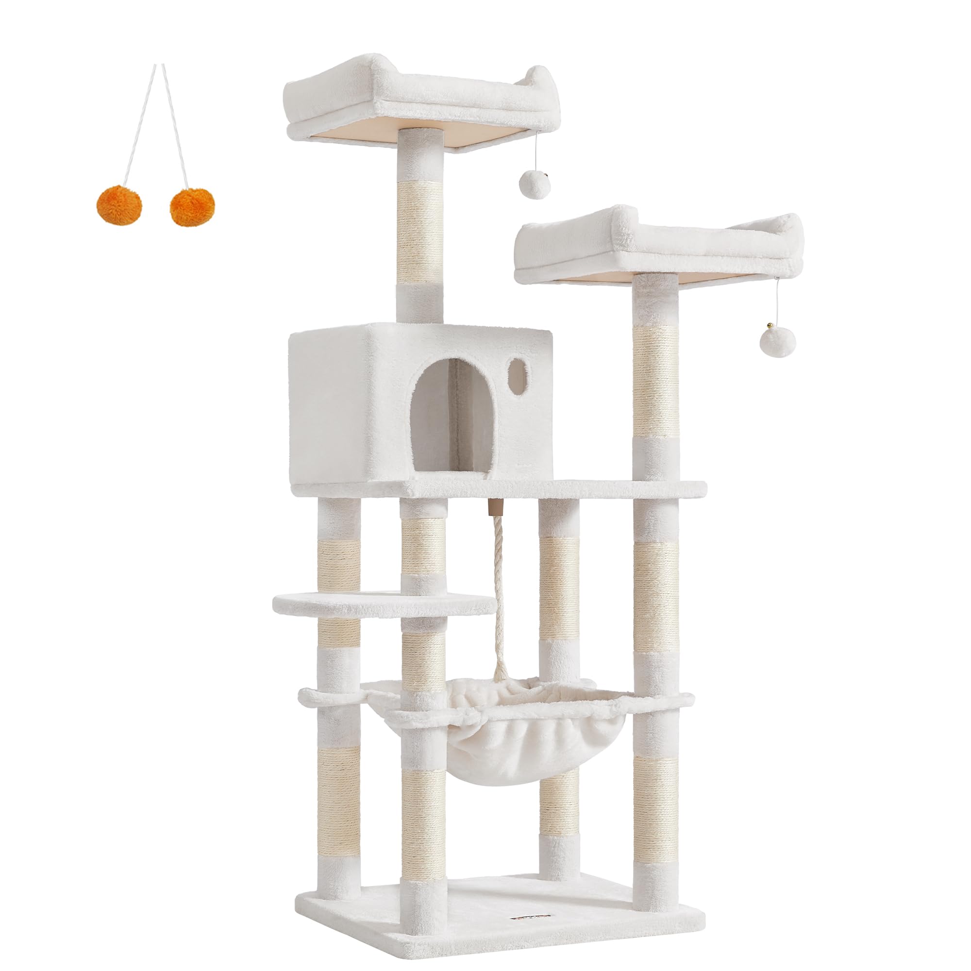 Feandrea Cat Tree, 56.3-Inch Cat Tower for Indoor Cats, Multi-Level Cat Condo with 11 Scratching Posts, 2 Perches, Cave, Hammock, Cream White UPCT015W02 Cream White L (21.7 x 17.7 x 56.3 Inches)