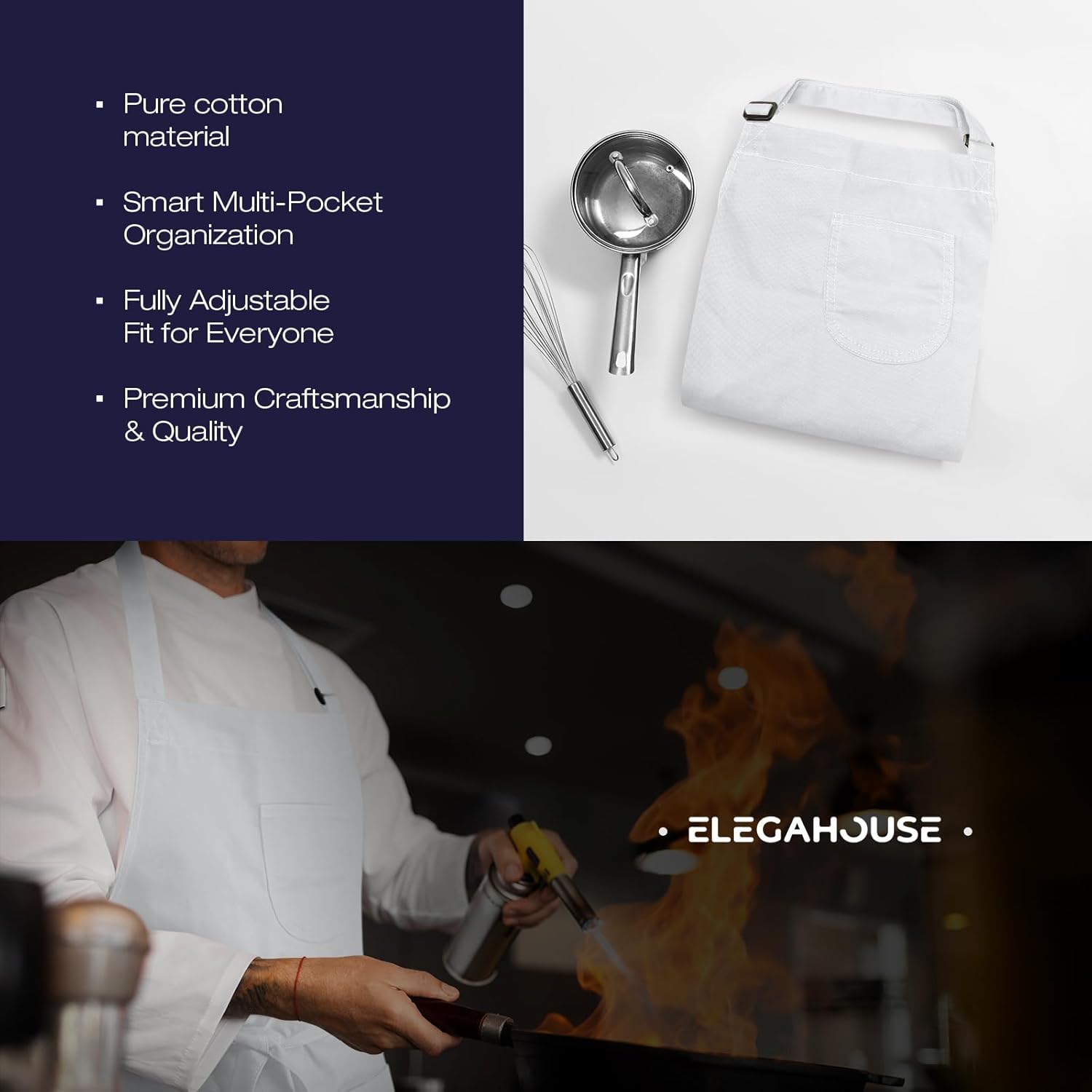 Unisex Apron with Pockets for Cooking, Salon & Art - 100% Cotton Adult Kitchen, Chef, Stylist Apron (White) - Image 4