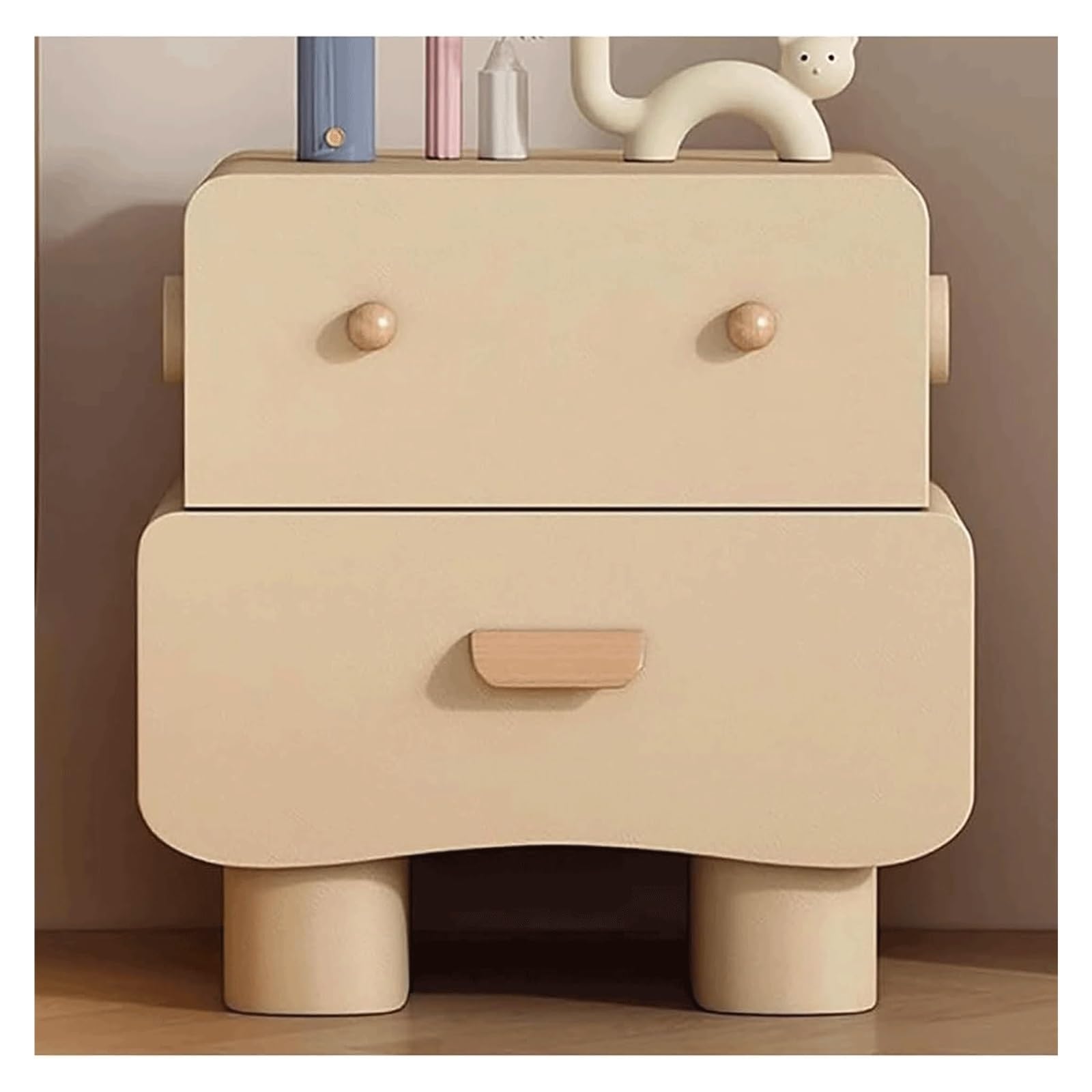 SXZenSpace Solid Wood Nightstand Creative Swivel Bedside Table with 2 Wooden Drawers Modern Dress Cute Side Luxury Cabinet(Beige,35cm)