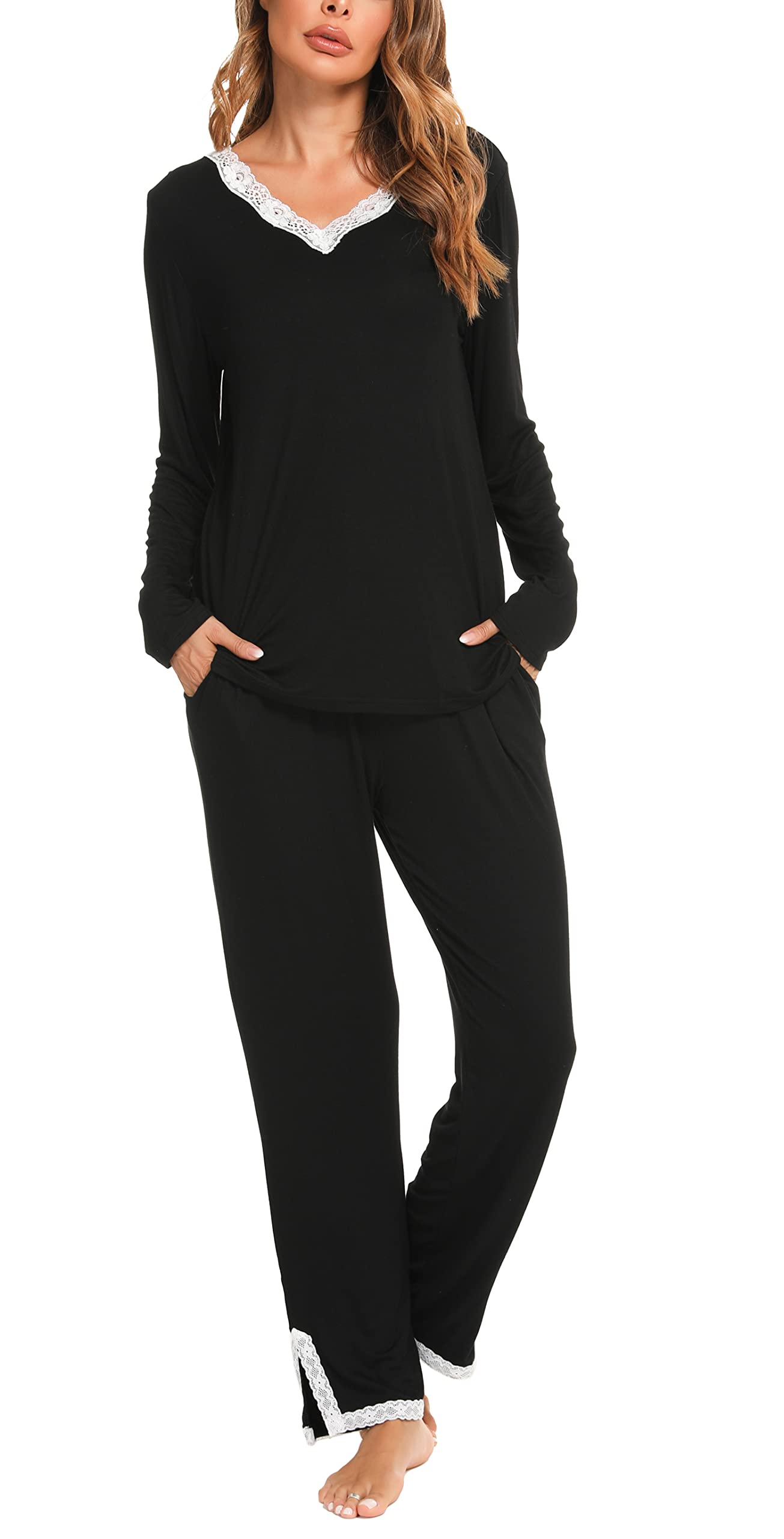 Lovasy Pigiama Donna Manica Lunga Pantaloni Lunghi Casual Scollo a V Top con Motivo a Pois Carino con Tasca Due Pezzi