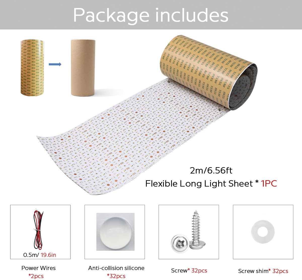 SuperLightingLED Extra Long 6.56ft LED Sheet for Backlighting Countertop, 6000K Flexible Large 78.7" x 9.45" 24V LED Light Sheet, Cuttable Dimmable Slim Panel Light with Accessory (6000K, 6.56Ft IP20) - Image 7