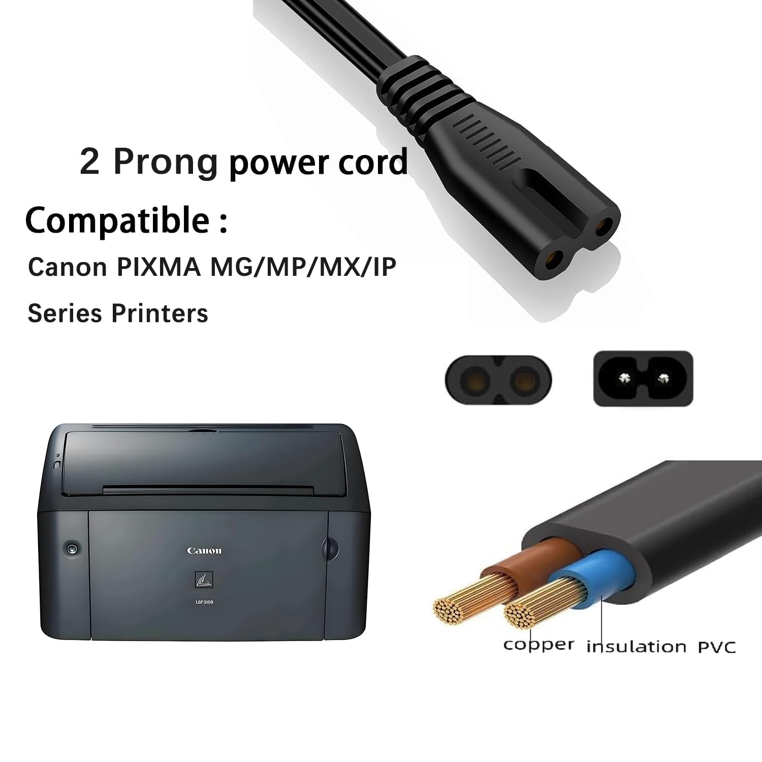 Canon Drucker-Netzkabel für Canon PIXMA MG/MP/MX/IP-Drucker, 2-poliges Stromkabel für HP, Lexmark, Dell, Brother, Epson, viele andere Modelle, 3 m lang