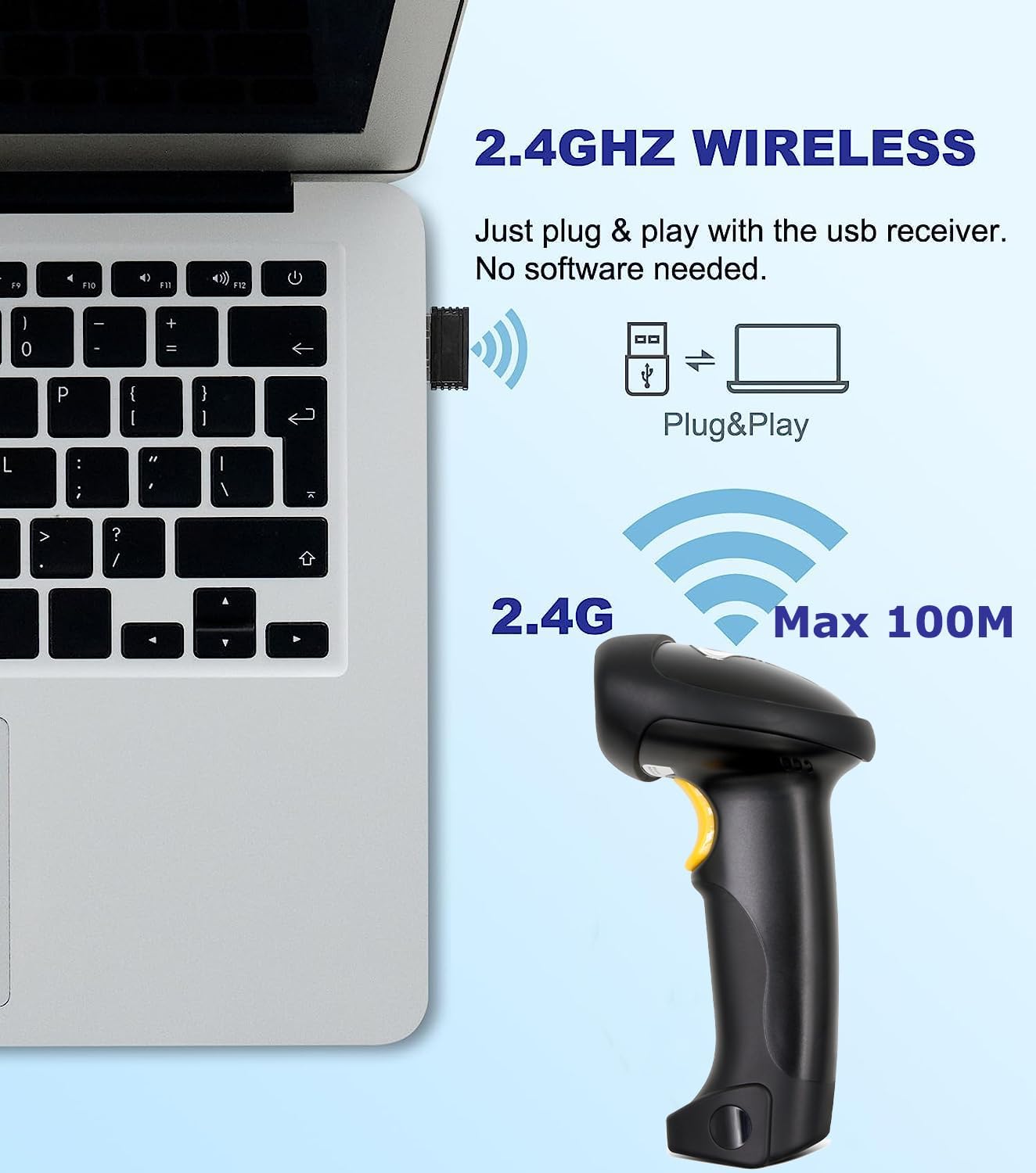 TEEMI Wireless Barcode Scanner Handheld Automatic 1D Laser Rechargeable Bar Code Reader USB Plug and Play with 2.4G Receiver for Windows PC Mac OS Linux (No Stand)