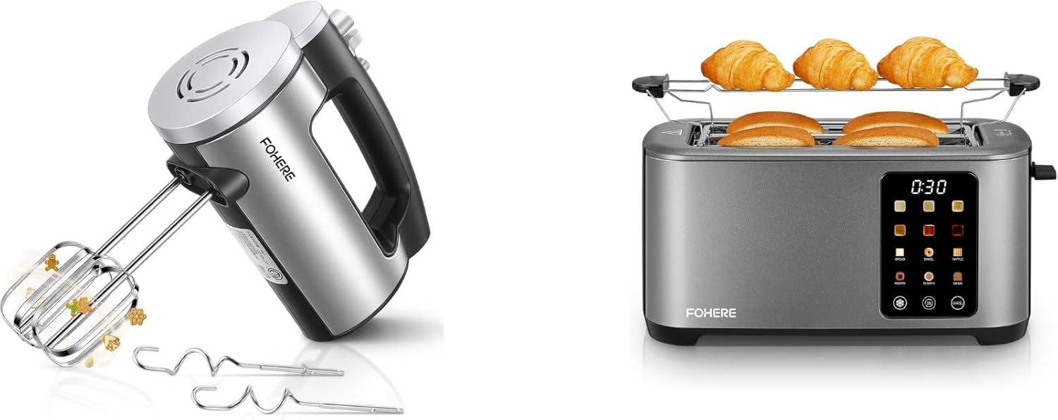 The Ultimate Breakfast & Baking Duo: Smart Touch-Screen 4-Slice Toaster & 300W Turbo Hand Mixer Set