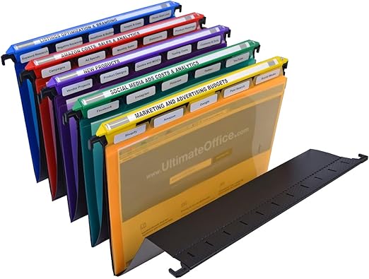 Ultimate Office MagniFile Hanging File Folders V-Bottom Letter Size, Set of 5 Assorted Color Magnified Indexes Plus 25 Removable PocketFile Clear Poly Interior Document Folders with 5th Cut Tabs