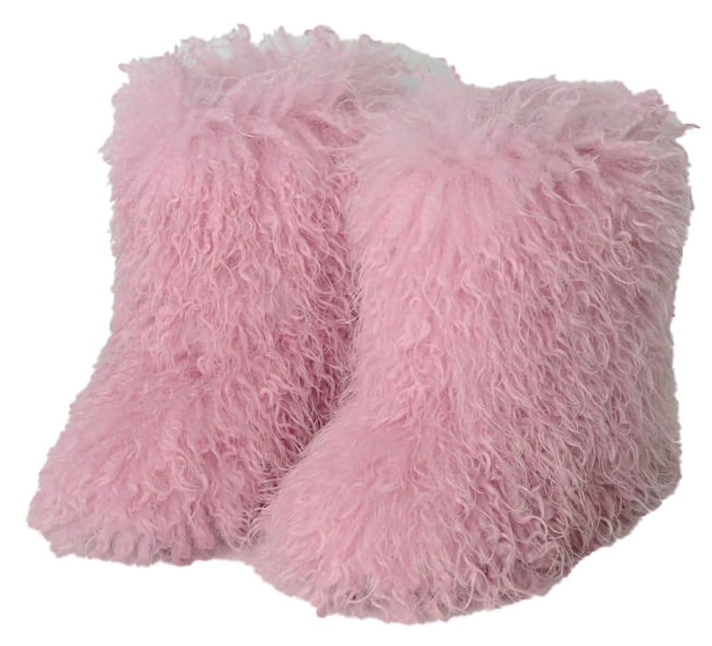 Womens Curly Faux Fur Snow Boots Mid Calf Winter Boots Fluffy Warm Comfortable Flat Heel Plush Outdoor Shoes