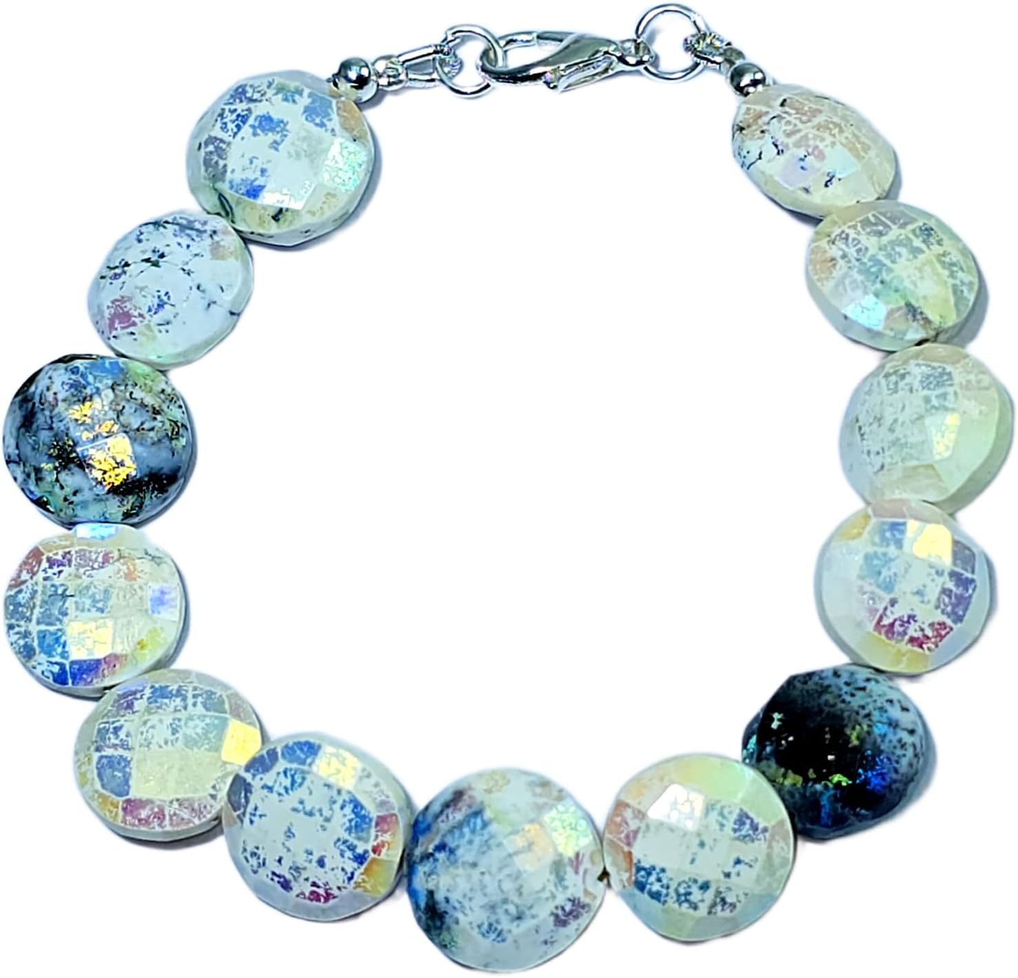Natural Pearl gemstone 12mm stacking bracelet | 7 inch | clear color, coin shape, faceted cut, stone | with silver plated clasp | handmade jewellry |WW_ESK_00030