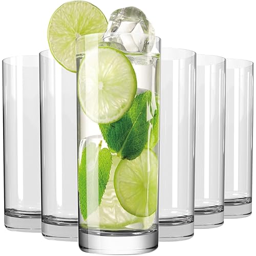 Drinking Glasses Set of 6, 16oz Crystal Highball Glasses, Clear Tall Glass Cups,Water Glass for Kitchen,Tom Collins,Juice,Whiskey,Mojito Cocktail Glasses for Bar Glassware,Gifts