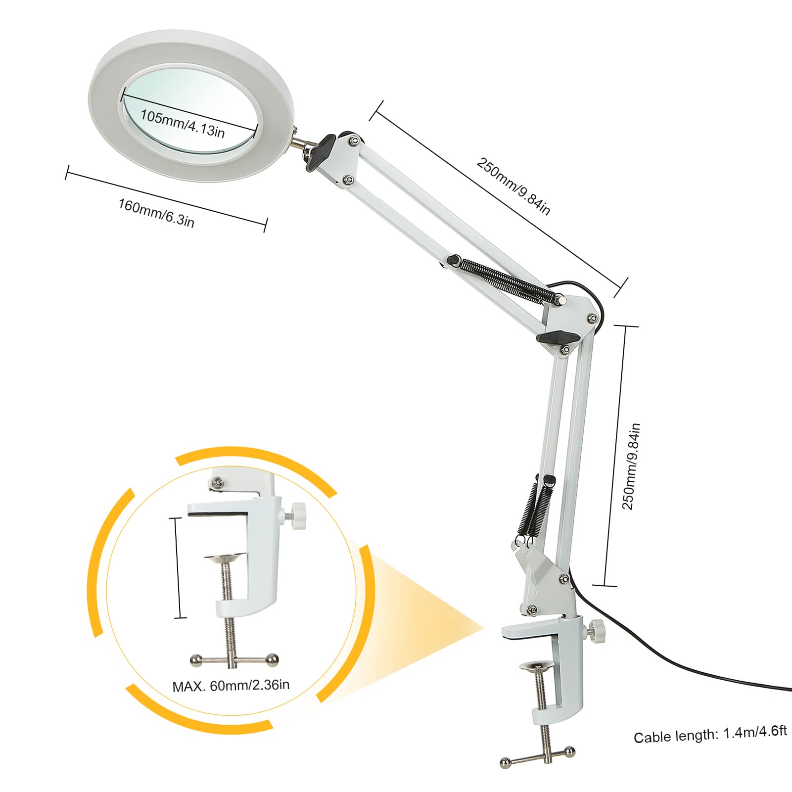 Tomshine lampa z lupą z zaciskiem, 8 x lampa powiększająca, regulowana lampa na biurko, lampa na biurko, 3 tryby kolorów, ściemniana, do rzemiosła stołowego