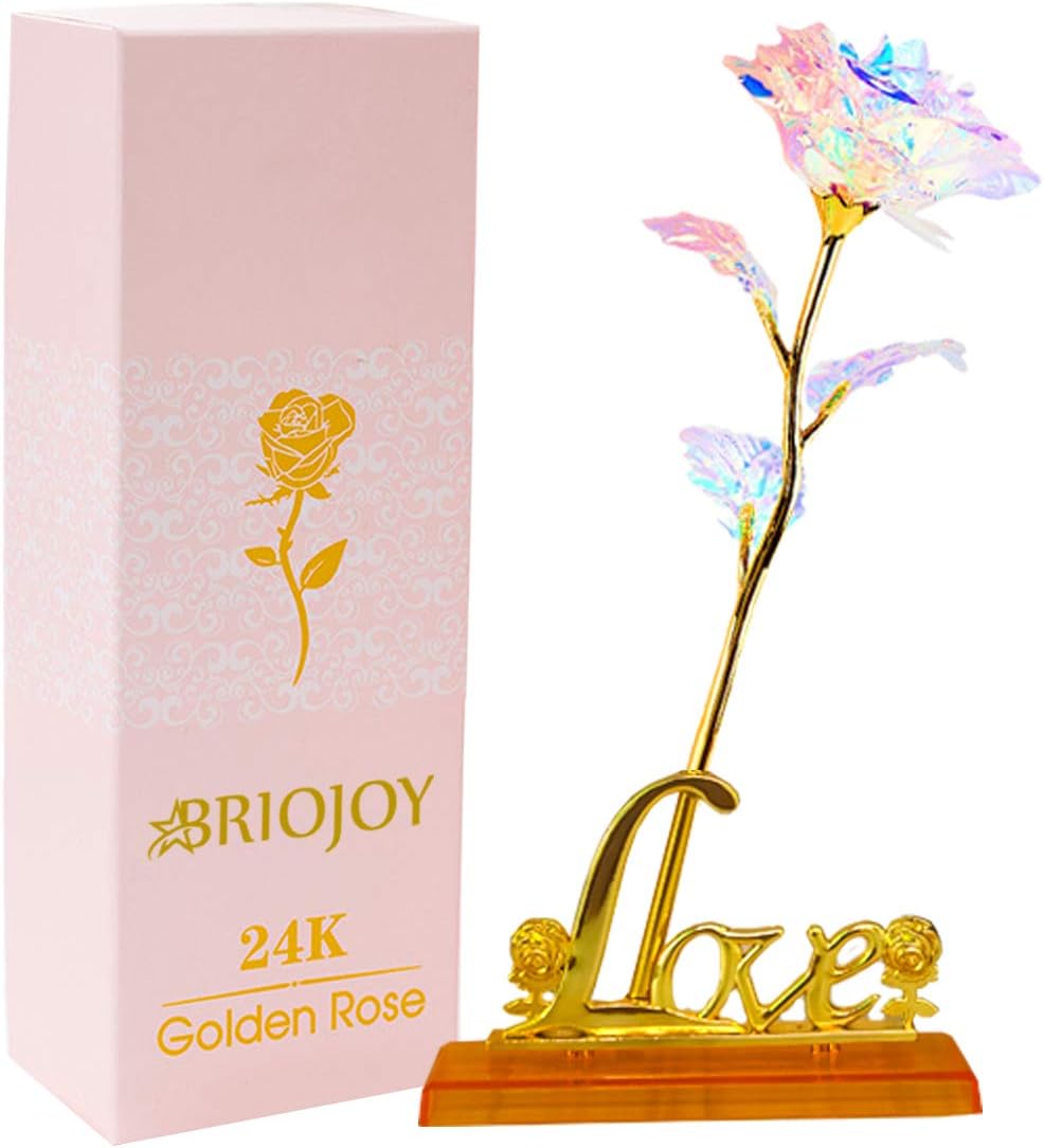 Briojoy Colorful Rose Artificial Flower with Love Shaped Stand, Gift for Her, Valentine’s Day, Birthday, Anniversary, Engagement, Thanksgiving, Mother’s Day transparent