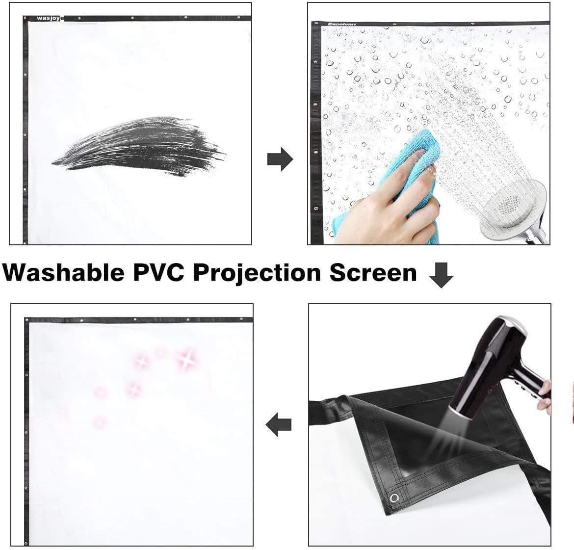 Limited Stock WASJOYE 120 Inch PVC Projector Screen, 4K HD 16:9, Foldable Wrinkle-Free Portable Movies Screen (1.2 GAIN, 160°Viewing Cone,22 Hanging Holes) for Home Theater Outdoor Indoor