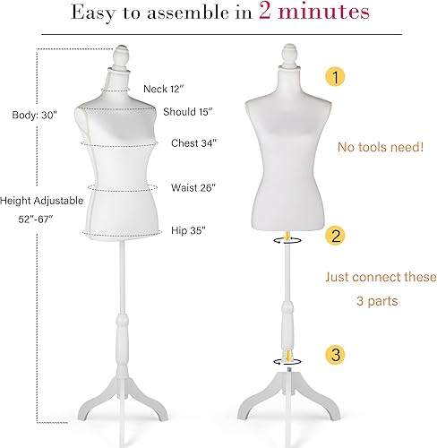 Miniatura 6 de HOMBOUR Cuerpo de maniquí femenino, forma de vestido de torso de maniquí de costura, maniquí ajustable con soporte para exhibición, color blanco