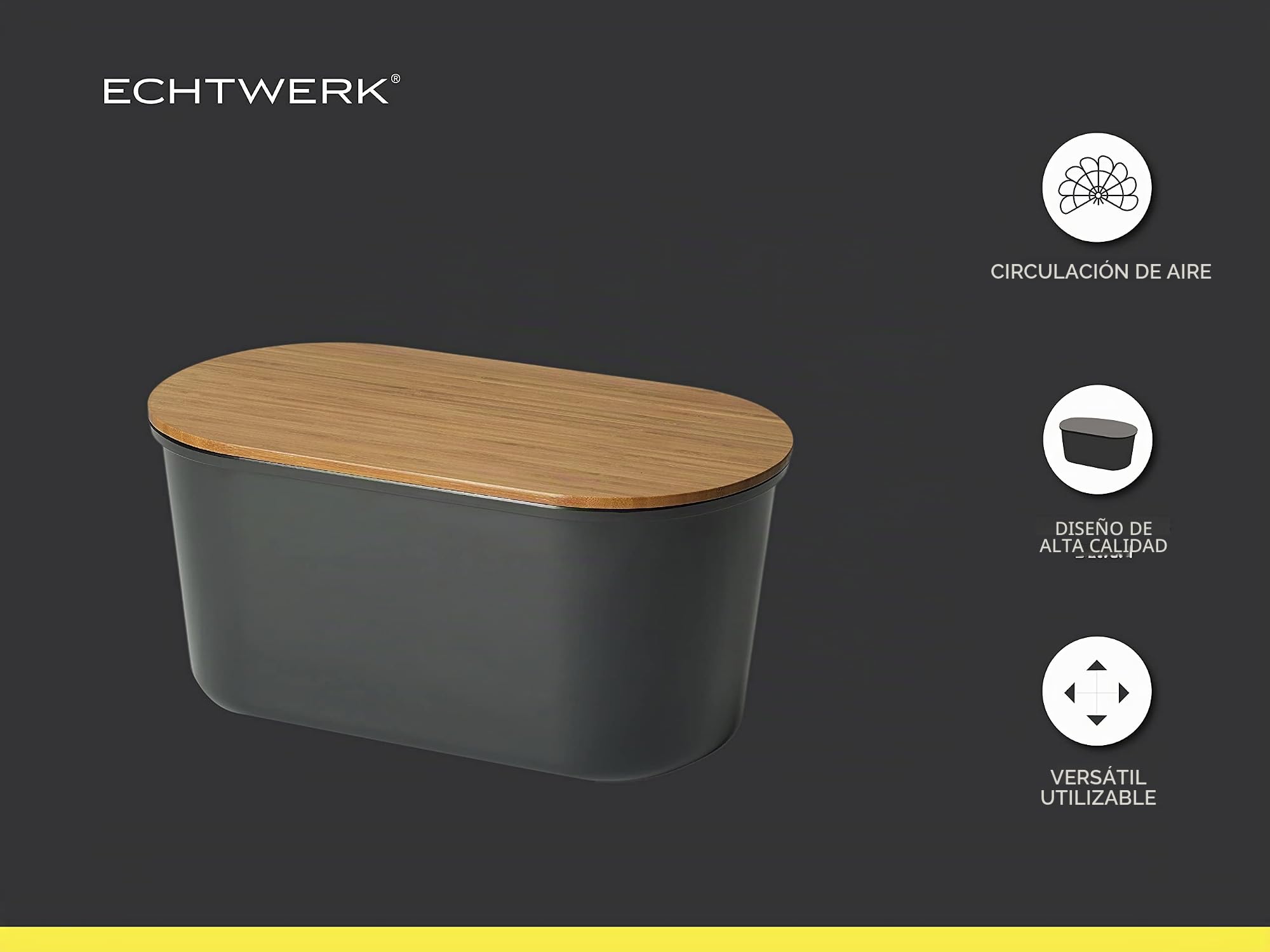 Echtwerk Caja de panera de melamina para Guardar Pan con Tapa de bambú, con Tabla de Cortar integrada, Negro