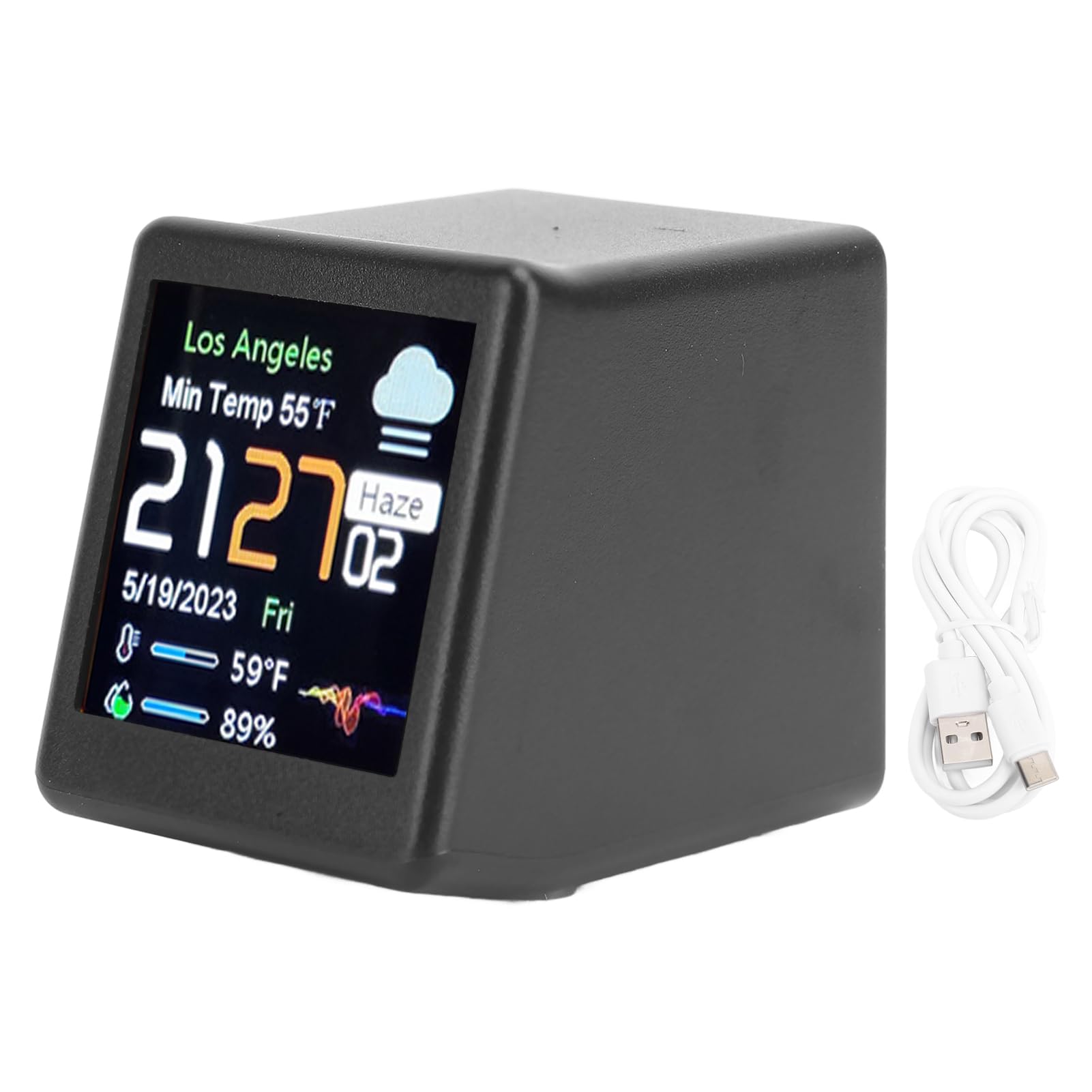 Tonysa Smart Wetteruhr mit Temperaturanzeige und Wettervorhersage, LCD -Display mit USB -C Ladung, Multifunktionaler Digitaler Uhr mit Anpassbarem Animation & Fotoalbum, Night (Black)