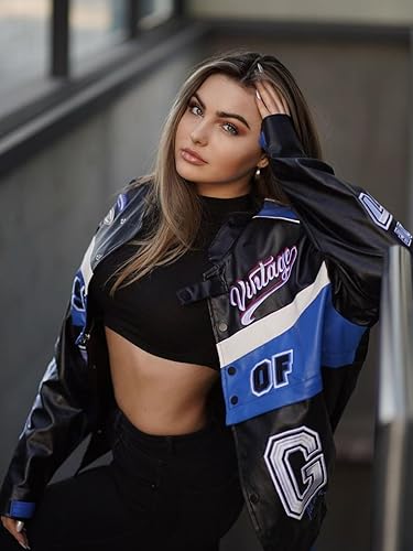 Vista 2 de Aelfric Eden Chaqueta bomber de cuero con bloques de color Vinatge Varsity Chaqueta unisex Moto Racing Biker Chaquetas