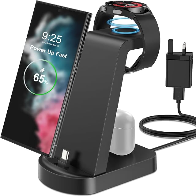 VCVS 18W 3-IN-1 Fast Wireless Charger compatible with Samsung Galaxy S23, S22, S21, S20, S10, S9, Z Flip, Z Fold, Note 20, 10, A51, A52, A53, Samsung Galaxy Watch 5, 4, 3, Active 2, 1, Galaxy Buds