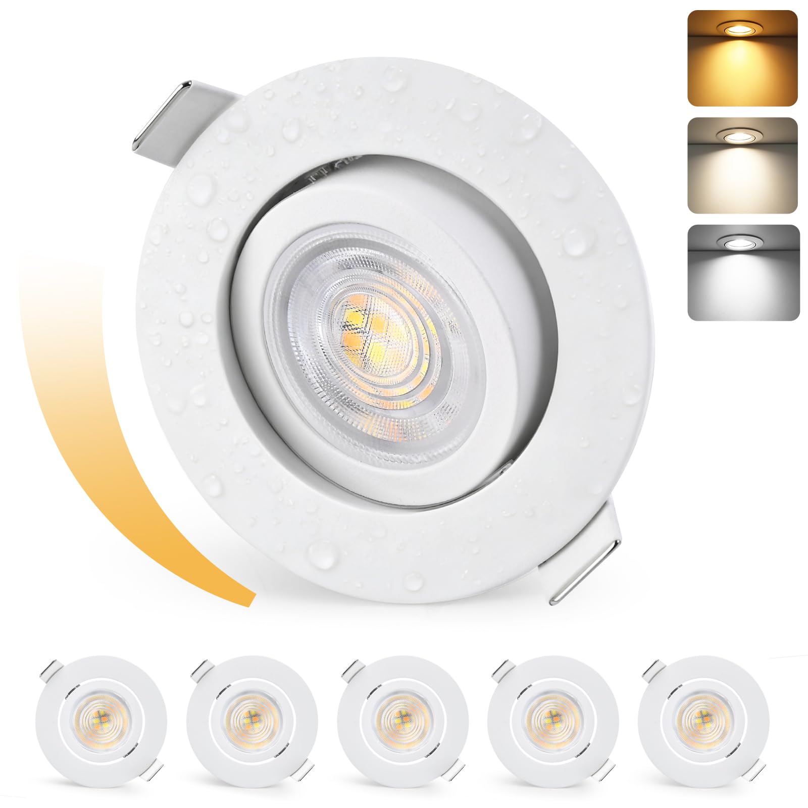 Foco LED Empotrable 230 V Regulable IP44 3CCT Orientable 45° 6PCS Blanco | KYOTECH 5W 550LM Downlight Techo Empotrable LED de 30mm Ultraplanos 68-75mm 3000K 4000K 6500K para Baño Salón