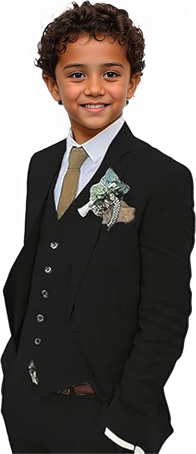 Kids Linen Suits for Boys 3-Piece Slim Fit Formal Dresswear Outfit Boy Beach Wedding Tuxedo Set Jacket Vest and Pants