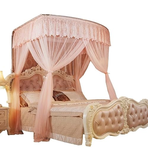 YAIUNHIQ Mosquito net for bed with retractable rod and floor bracket, mosquito net bed canopy, lace edge bed canopy cot(Pink,1.8 * 2.2m)