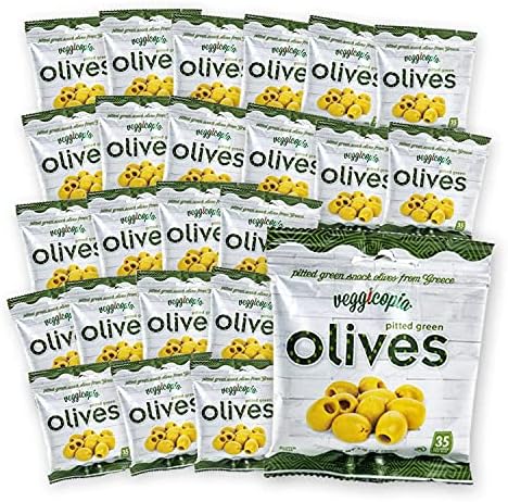 Veggicopia Olives, Keto Tasty Green Pitted Snack Olives from Greece, Whole30 Approved (1oz bags, 24-pack) | Brine-free | Paleo-Friendly | Shelf-Stable