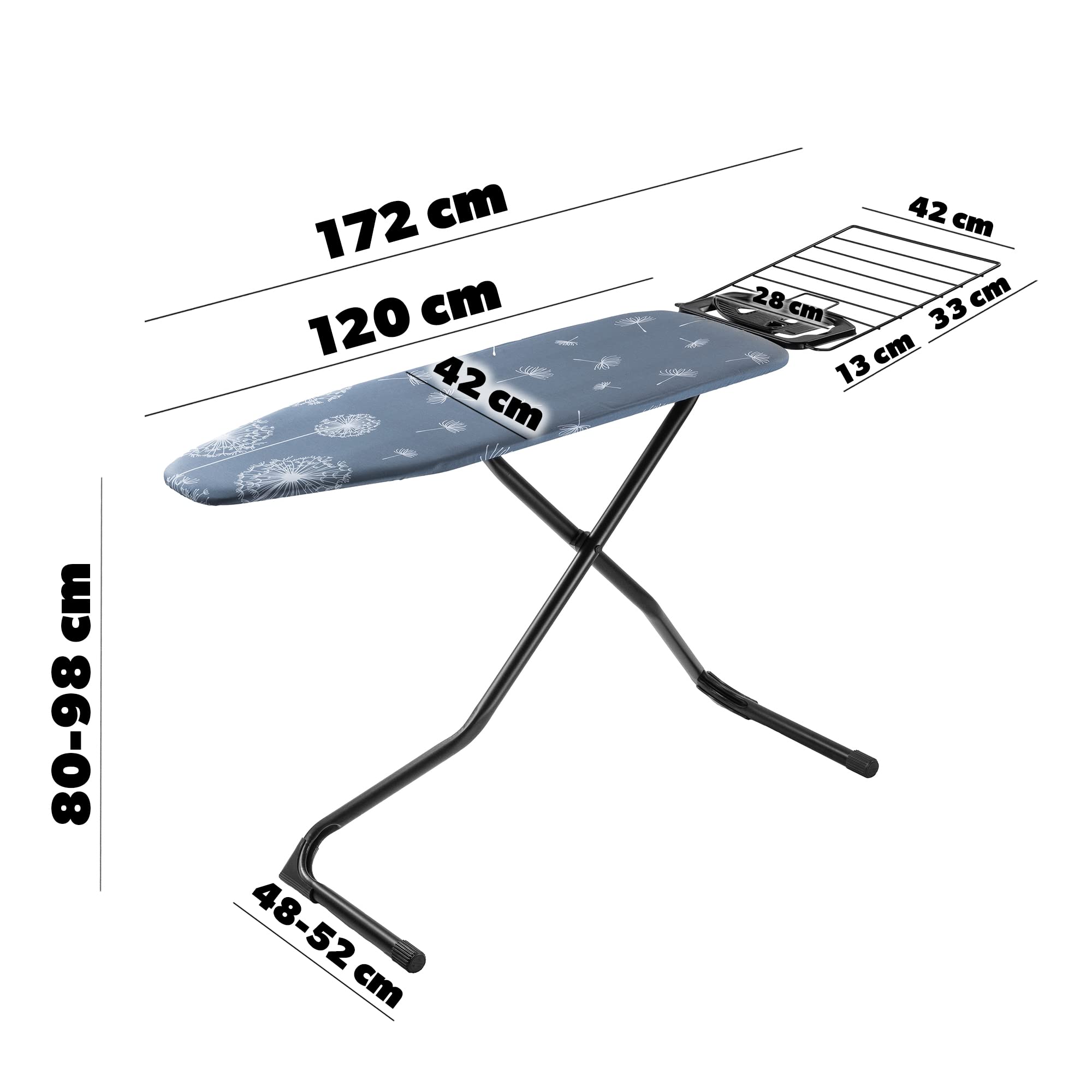 KADAX Planche à Repasser 120 x 42 cm, Table à Repasser Pliable avec Housse en Coton, Support de Fer, Pieds Antidérapants et Réglable en Hauteur (Bleu foncé)