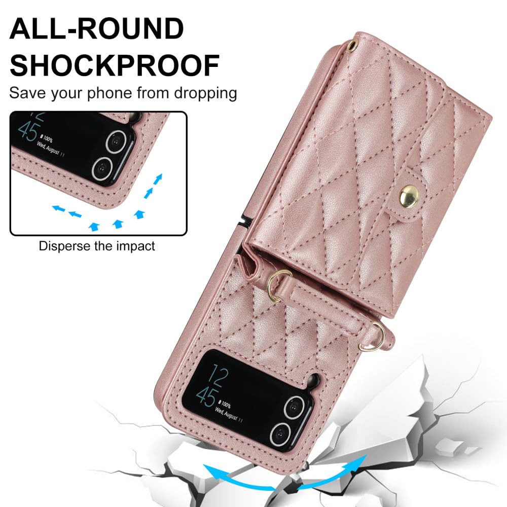 Funda de Cuero para teléfono Samsung Galaxy Z Flip 5 4 3 5G Funda con Bolsillo para Tarjeta con cordón Largo, Color E, para Z Flip 4