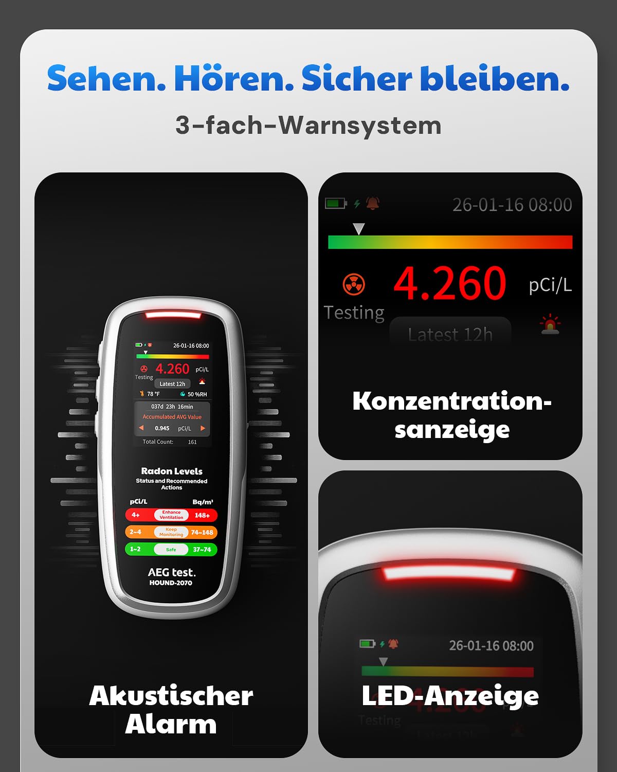 HOUND-2070 Radonmessgerät für Zuhause, mit Temperatur- & Luftfeuchtigkeitsanzeige, 504 Tage Datenspeicherung, wiederaufladbar, 3-in-1 tragbarer Radontester für Keller, pCi/L oder Bq/m³