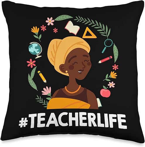 Afro Teacher Life Messy Bun - Almohada de melanina afroamericana, 16 x 16 pulgadas, multicolor
