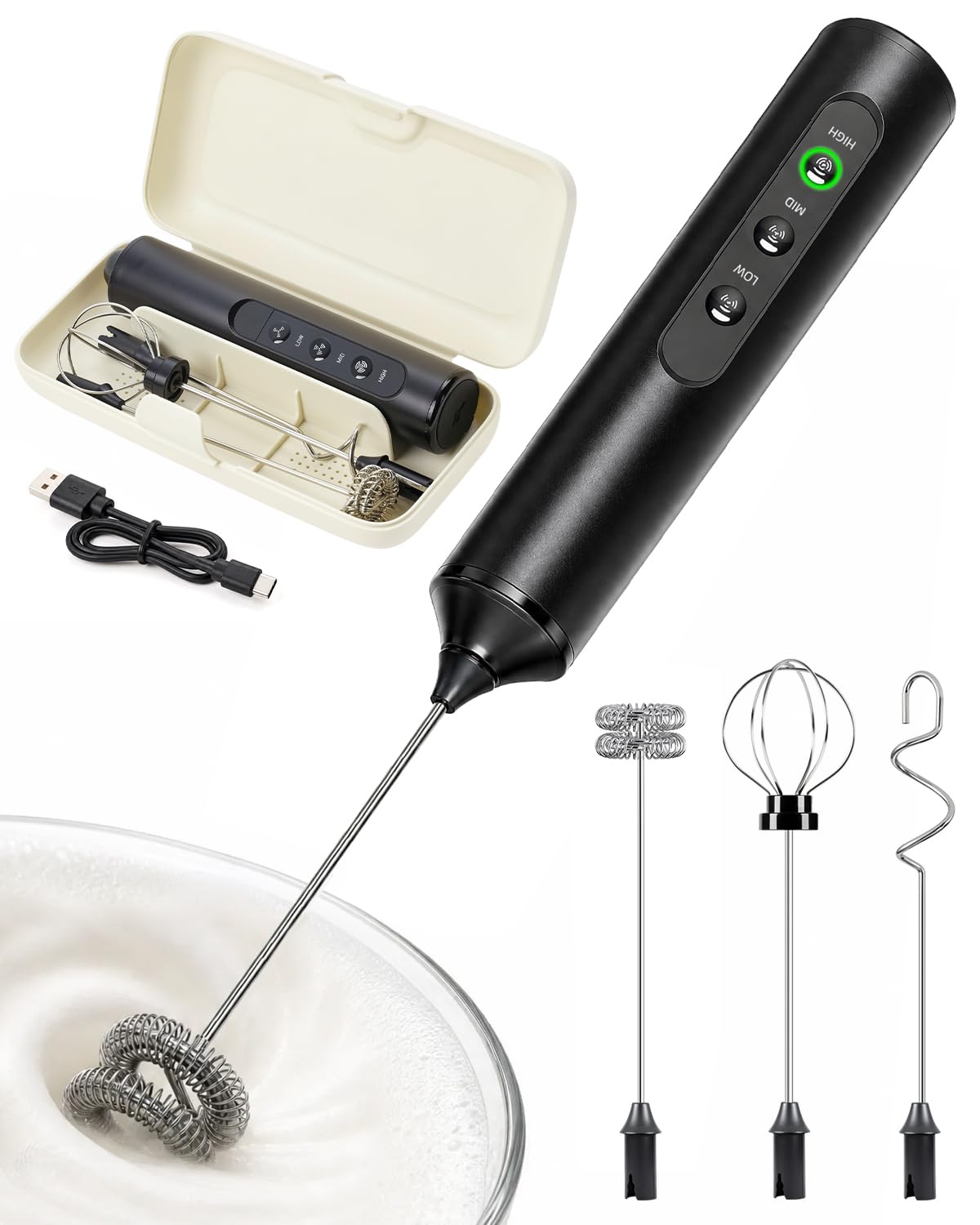 BZGG Electric Milk Frother Handheld–Rechargeable Coffee Whisk with 3-Speed Adjustment,3 Detachable Mixing Heads and Storage Box,for Latte,Cappuccino,Beating Eggs,Oat Milk,Matcha,Black