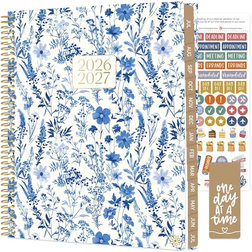 bloom daily planners 2026-2027 Planner (8.5 x 11) 13 Month Academic Organizer (July 2026 - July 2027) - Weekly & Monthly Agenda Book with Stickers & Tabs - Blue & White Floral