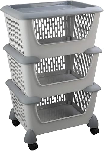 Asking Cesta de almacenamiento apilable de cocina de plástico gris, cesta organizadora apilable de 3 niveles con ruedas