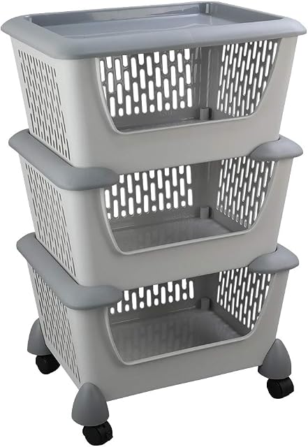 Asking 3-Tier Stacking Organizer Basket with Wheeles, Plastic Stackable Storage Basket, Gray