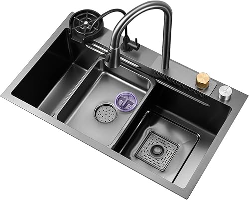 Fregadero de cocina de un solo tazón, fregadero de cascada de acero inoxidable, fregadero de bar, con lavaplatos, fregadero de estación de trabajo