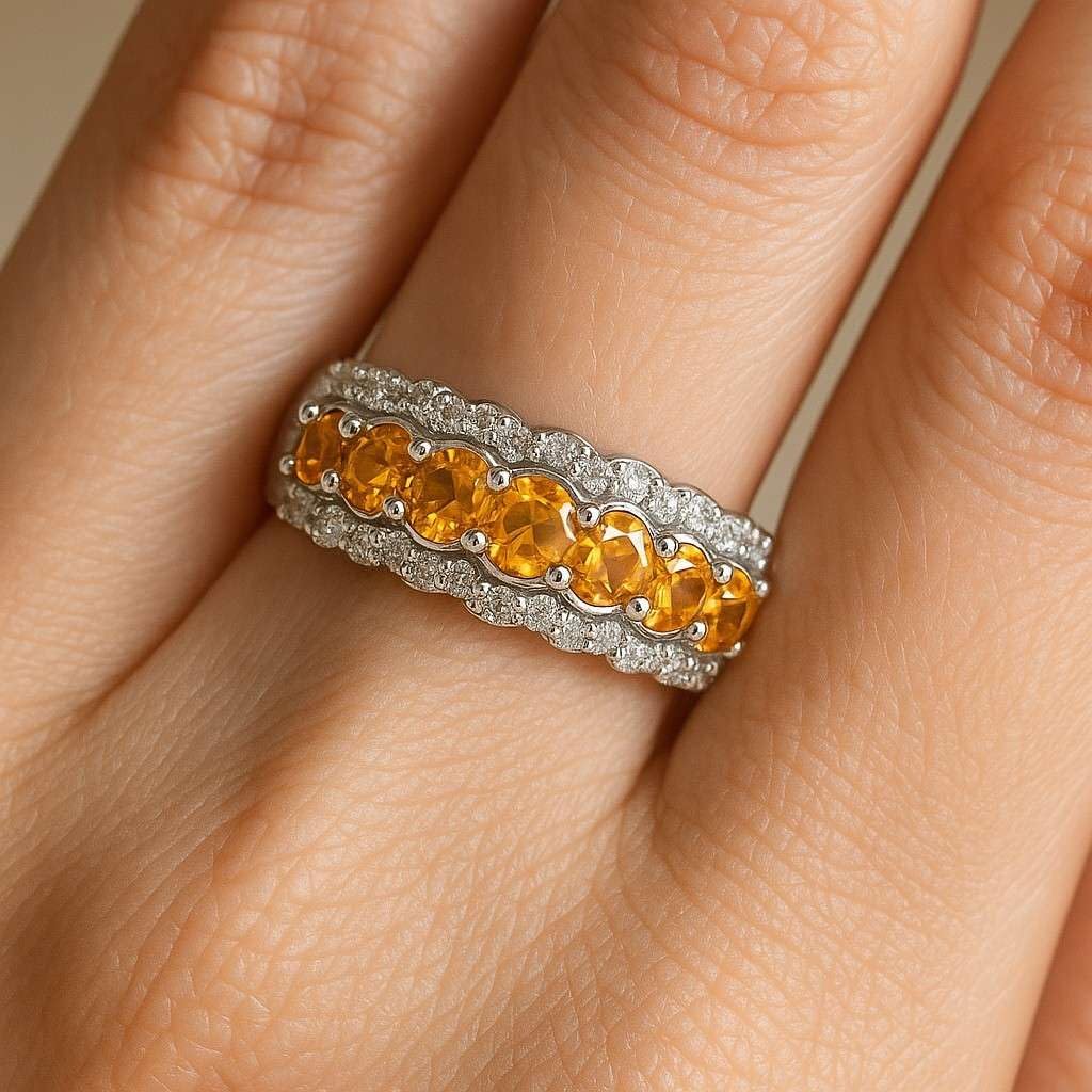 Natural Citrine and Diamond Ring in Solid 14K Gold or 925 Sterling Silver – November Birthstone Ring – Elegant Stackable Band for Women