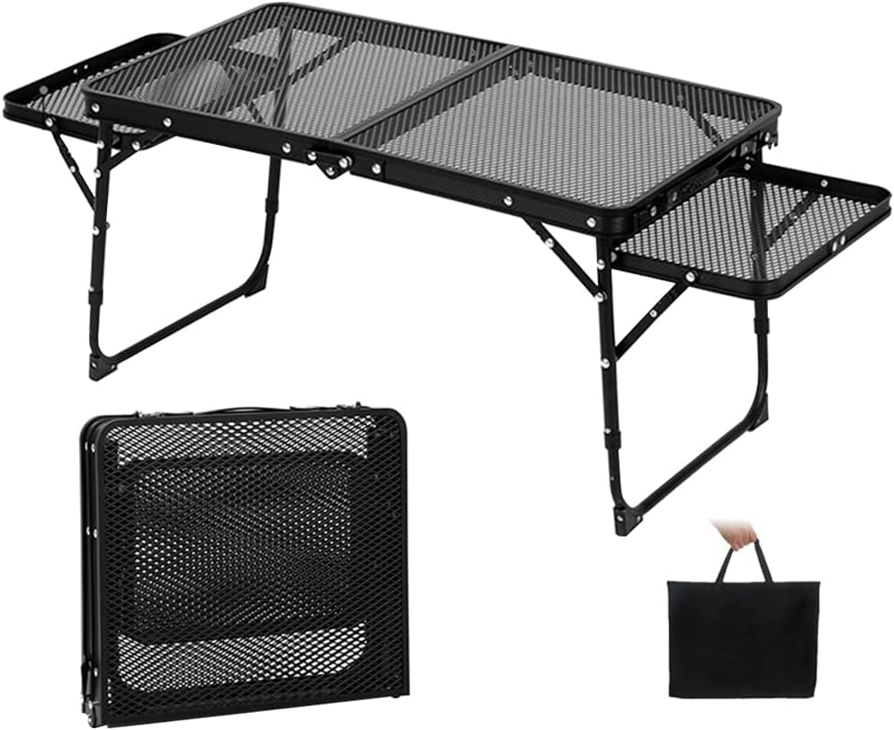Inllex Outdoor Folding Camping Table with Adjustable Height, Mesh Grill & 2 Wing Panels | Portable Lightweight Aluminum BBQ Picnic Table with Handle for Beach, Travel & Outdoor Cooking 1