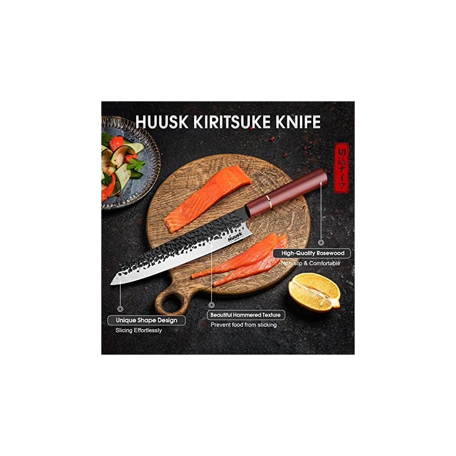Huusk Japan knife, Kiritsuke Chef Knife Professional 9" High Carbon Steel Japanese Kitchen Knife Hand Forged Meat Sushi Knife Ultra Sharp Cooking Knife Full Tang Bunka Knife for Sushi Poultry