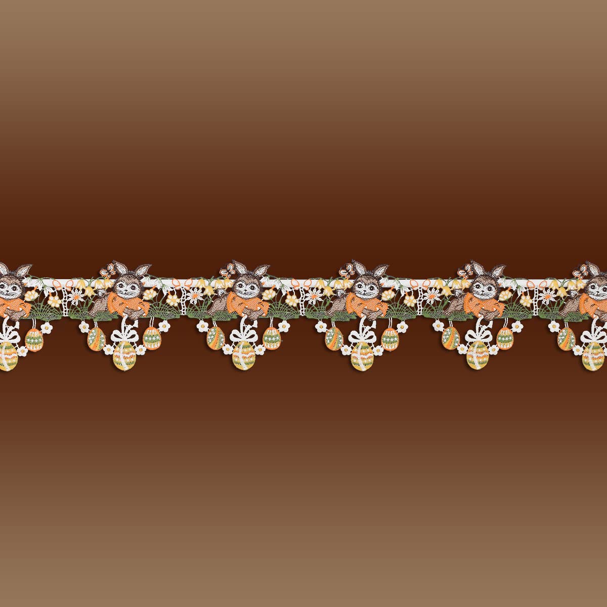Mini-Scheibenhänger Osterwiese mit Hase Vogtländischer Spitze | Spitzengardine Oster-Motiv Häschen auf Blumenwiese | Feenhaus-Scheibengardine Osterwiese mit Schmetterling | Höhe x Breite 16 x 96 cm