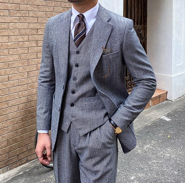 SevenBoy Men's 3-Piece Herringbone Suit Classic Gray Business Formal Wear Slim Fit Jacket with Vest and Pants2