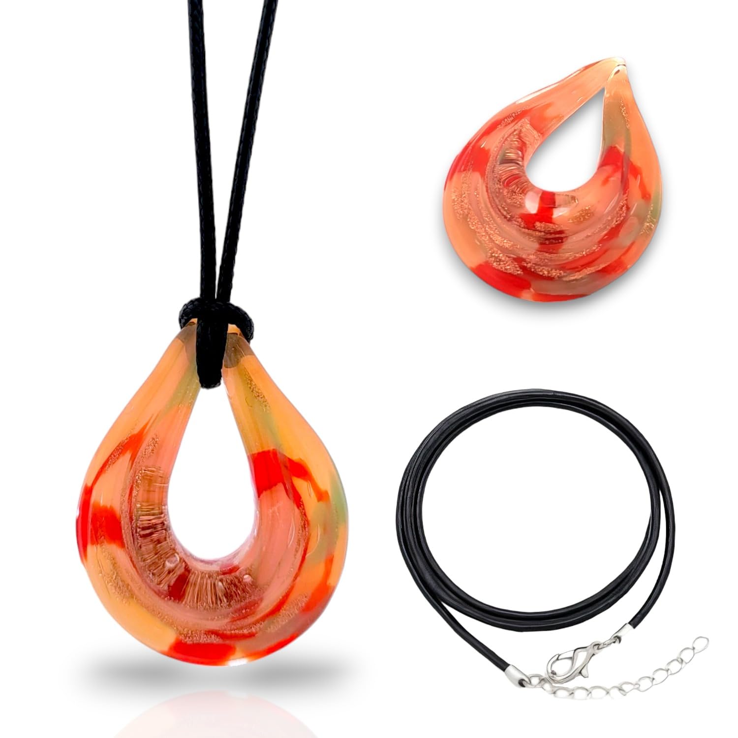 BESHEEKHandmade Murano Inspired Blown Lampwork Amber Teardrop Glass Necklace Pendant Handcrafted Artisan Hypoallergenic Italian Style Jewelry
