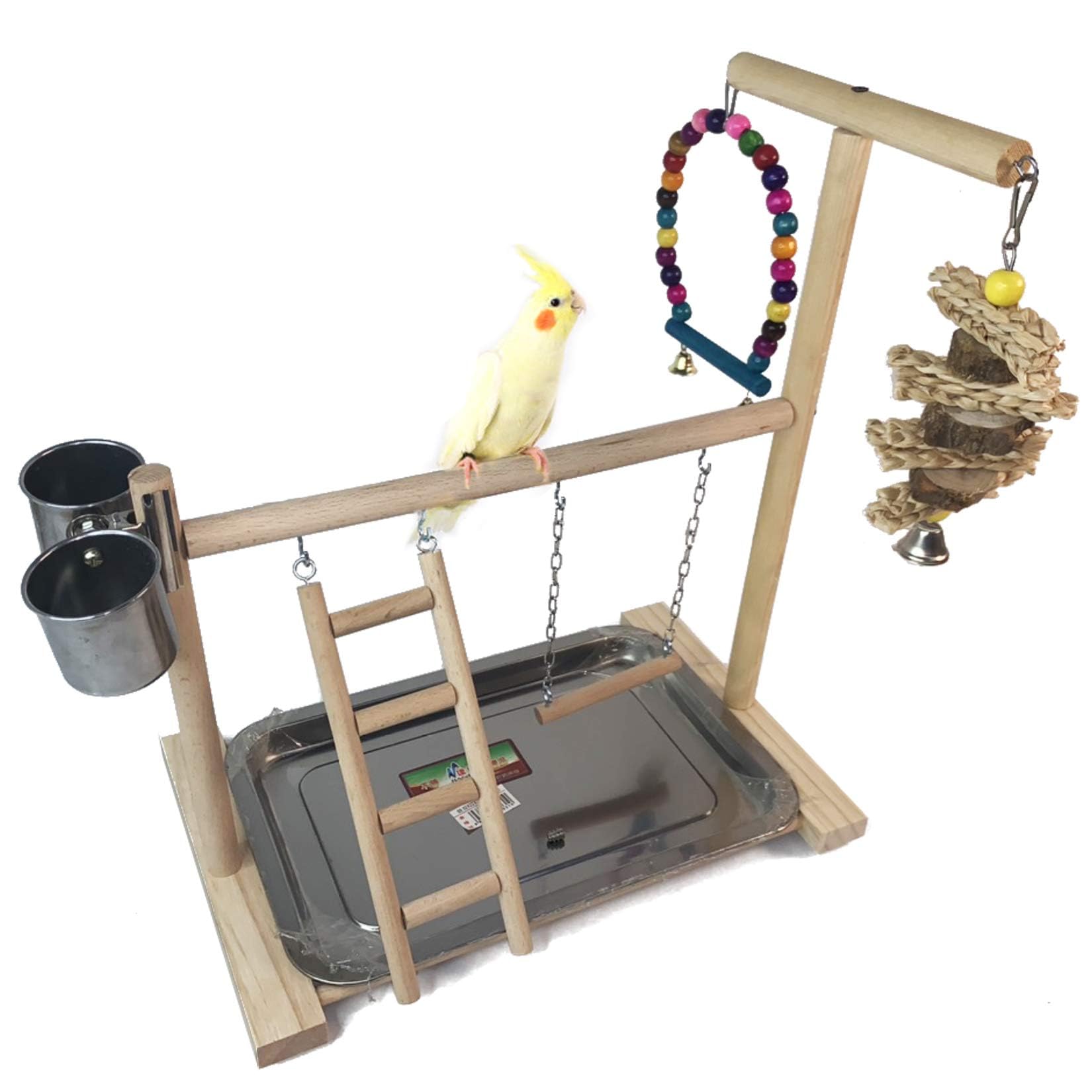 Hamiledyi Parrot Playground Bird Play Stand Play Gym with Feeder Cups,Swings, Ladder and Tray, Wood Parakeet Playground Outside Cage for Cockatiel Lovebird Budgie