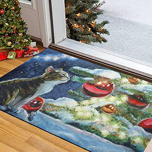 Chichic Christmas Door Mat Christmas Welcome Mat Outdoor Indoor 18X29 Inch Front Door Outside Inside Doormat For Holiday Home Entrance Entryway Floor Mat Non Slip, Christmas Decorations, Snow Tree Cat #TOP12