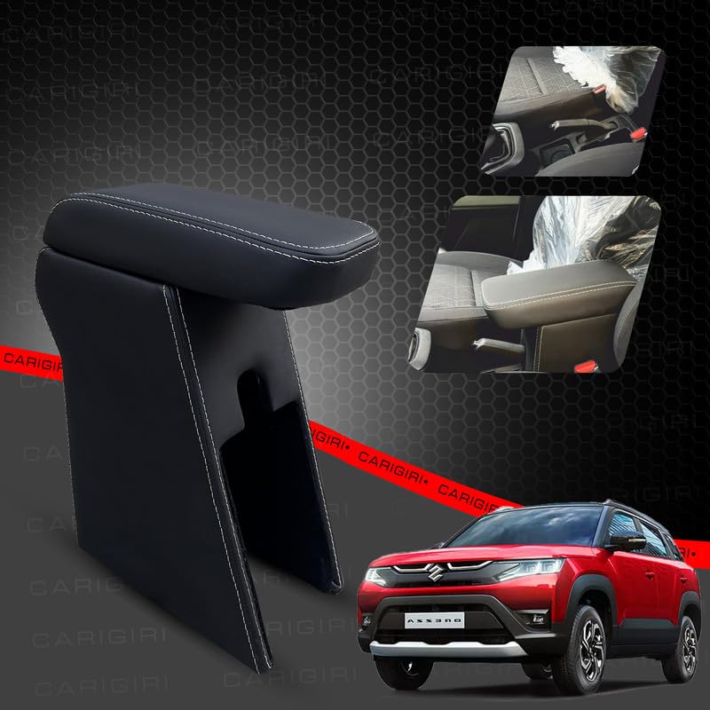 Image of Carigiri Premium Finish Car Armrest with Storage Box And High Density Moulded Foam For Maruti Suzuki New Vitara Brezza (Models-2022-2024) (Black With White Double Stitching,Nappa Leatherette)