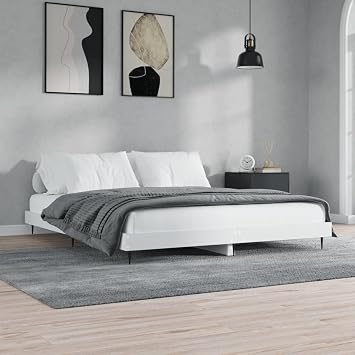 Bed Frame White 120 x 200 cm Wood Material with Metal Legs and Plywood Slats, Sturdy Frame Set for Platform Bed, Suitable for Mattress, Modern Bedroom Furniture