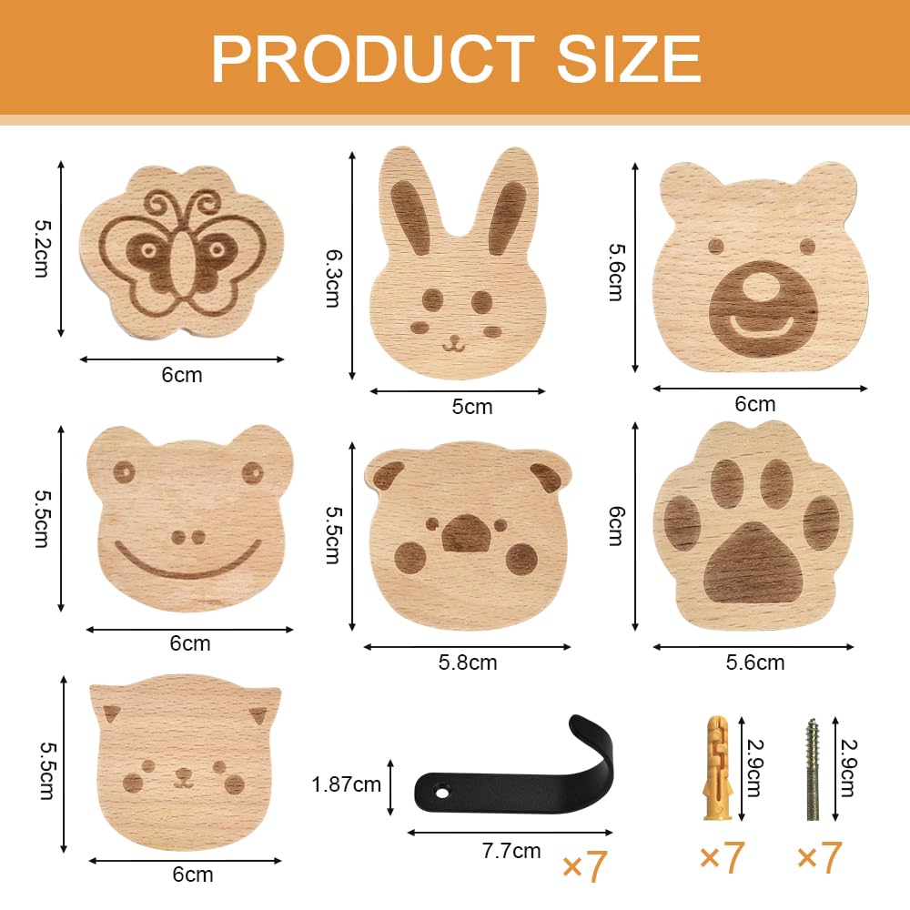 7 Ganchos de Pared para Infantil de Madera, Gancho de Pared Autoadhesivo Infantil con Forma de Animal, Perchero Infantil, Colgador de Pared, Colgador de Pared de Madera para Habitación, Baño