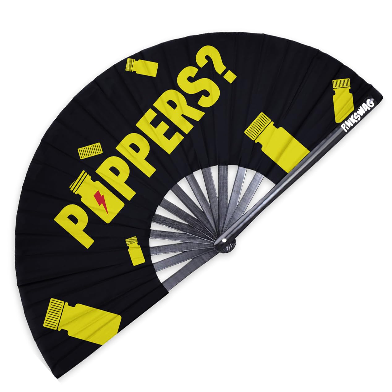 Pinkswag βPoppers?β Clack Fan β Bold Yellow 24.5β³ Bamboo Fan with Bottle Design, LGBTQ Party & Festival Statement Fan