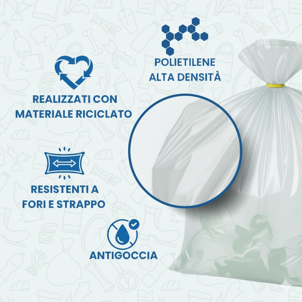 FRIO - 200 sacchetti grandi, 150 litri, trasparenti, sacchi spazzatura condominiali formato scorta per bidone raccolta differenziata, con legacci. Buste spazzatura 80x120 cm, multistrato, resistenti