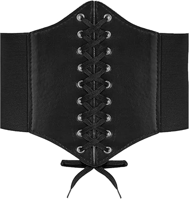 Black Corset Belt, Waist Lace-up Tied Corset, Elastic Wide Band Retro Leather Belt for Woman Girls