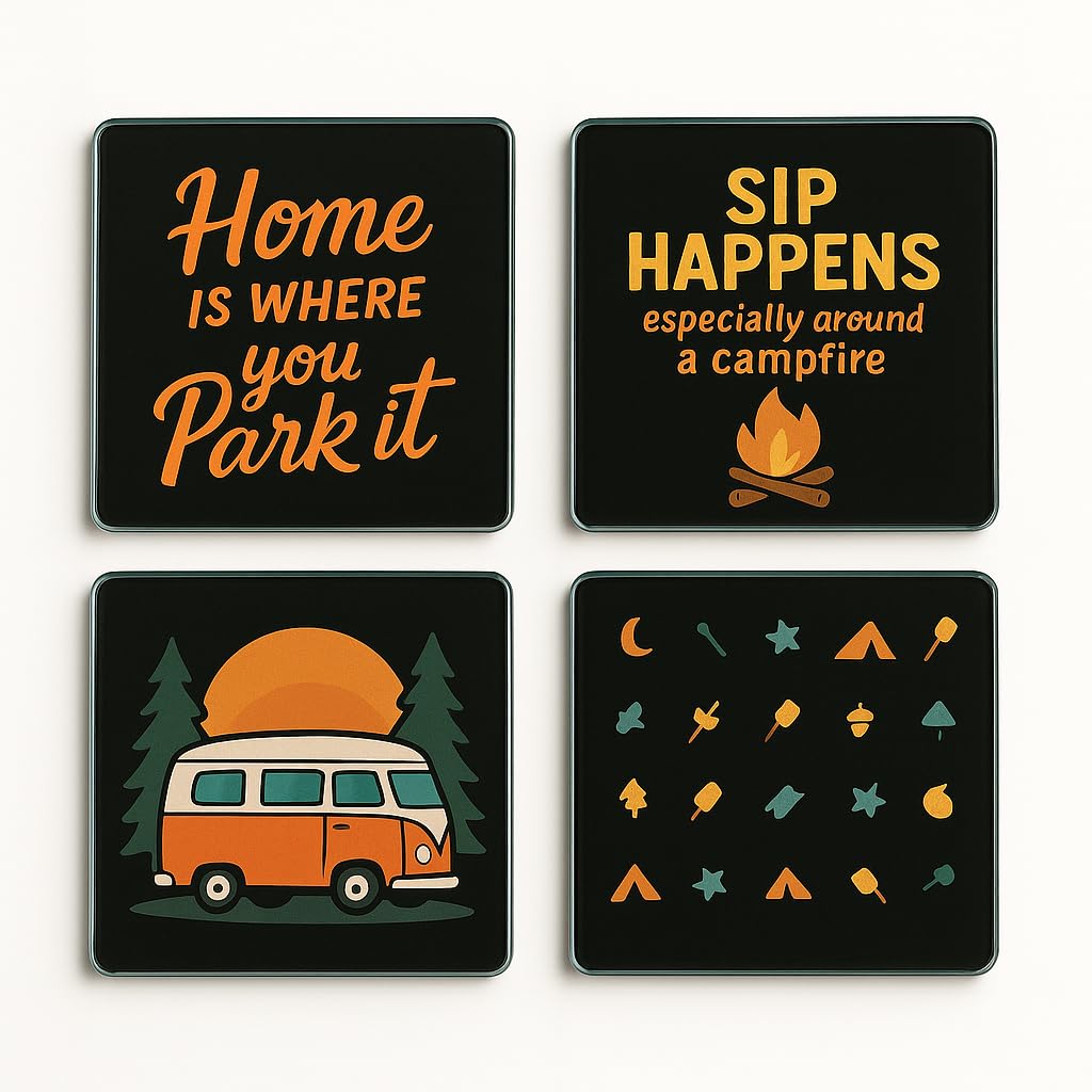 The Plum Penguin Vagabond Echoes Acrylic Coaster Gift Set Of 4 With Campervan & Camping Designs - Fun Drinkware For Caravan Lovers & Adventurers