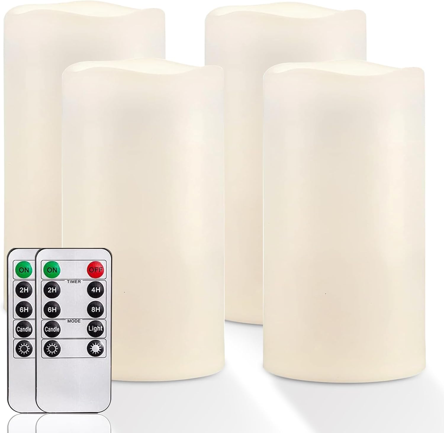 homemory 6" x 4" large waterproof outdoor flameless candles with remote control and timer, battery operated flickering led pillar candles for indoor outdoor lanterns, porch, long lasting, set of 4 ivory white 4"x 6", 4 pack
